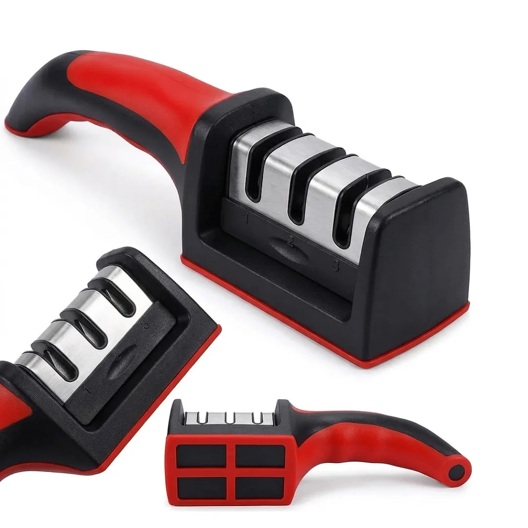 afilador de Cuchillos Profesional STARKCUT Modelo K3 - Sistema de Precisión de 3 Etapas con Mango Ergonómico Rojo